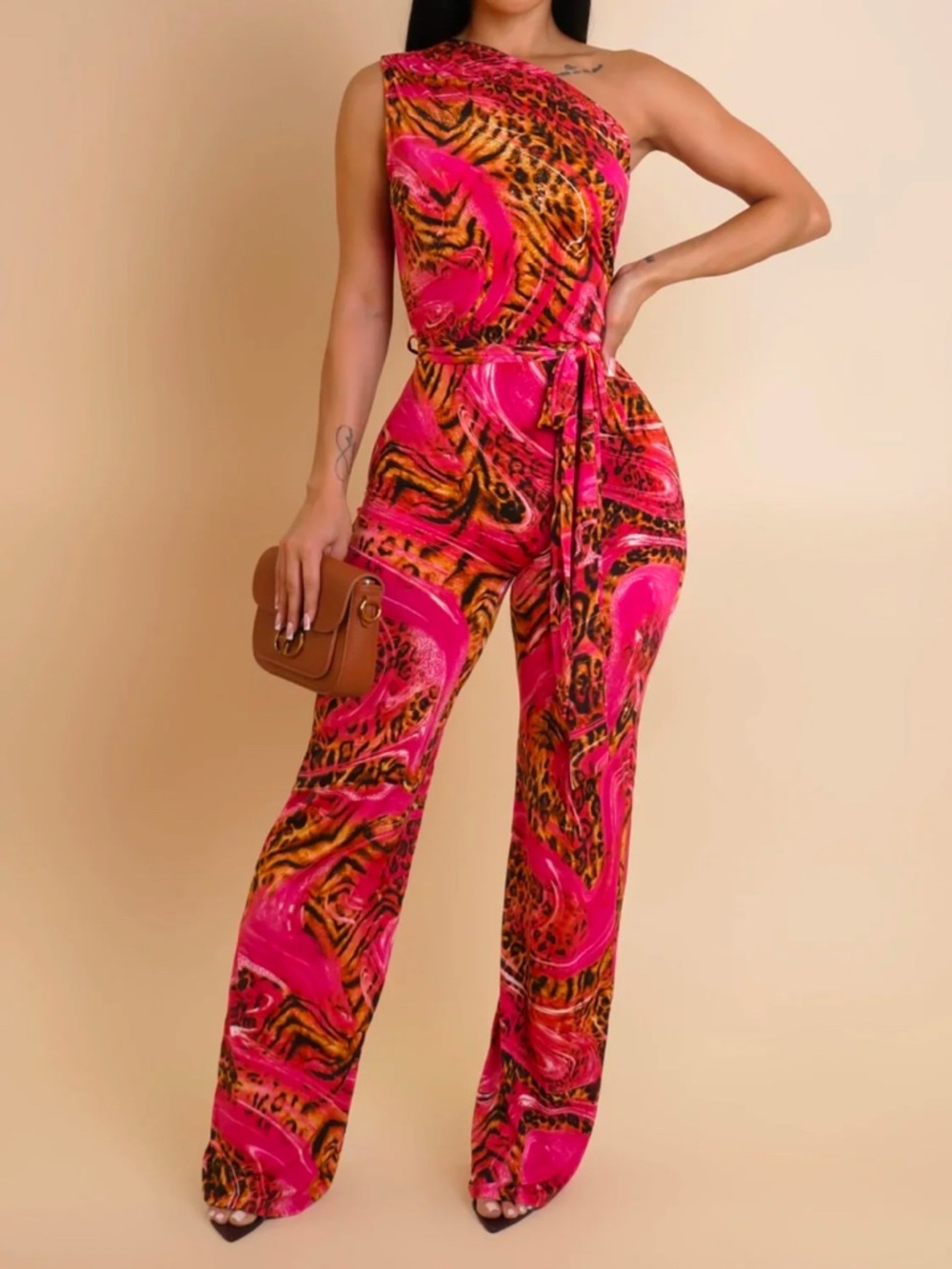 One-Shoulder Pink Print Jumpsuit